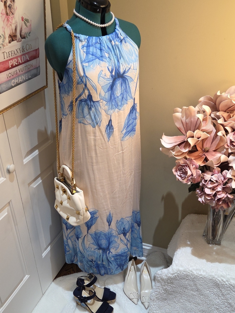 Nwt Large Bellambra Blue Floral Maxi Halter Dress - Lightweight Summer Dress